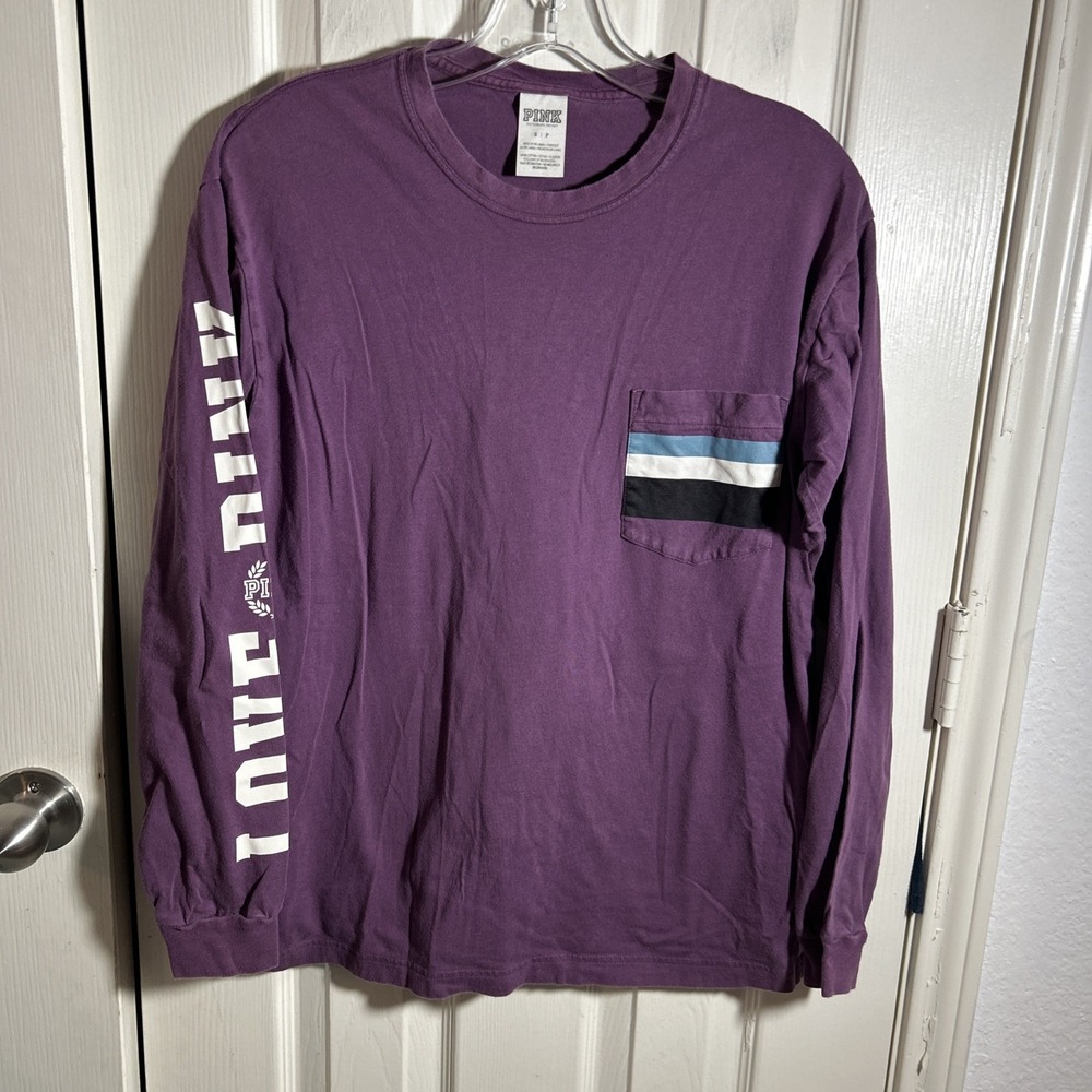 PINK Victoria's Secret Long Sleeve Tee Women S Purple Casual Pocket Logo Graphic